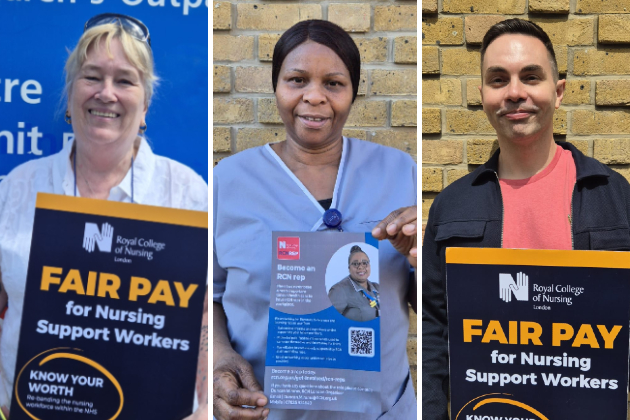 Three images in split-screen format show three people. Left to right they are Pam, Grace and David. Pam wears a white shirt, has blonde hair and has a pair of glasses on top of her head. Grace wears a blue uniform and has dark hair. David wears a pink shirt, jeans and a jacket. They are all holding RCN signs or literature about fair pay and workplace reps.