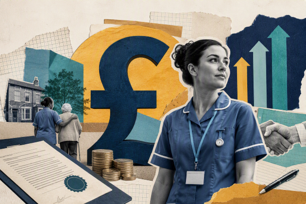 A composite image showing a female nurse in the foreground, against a background of graphics including a large pound sign, a contract, two people shaking hands, a member of nursing staff with their arms around an elderly patient