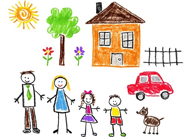 graphic illustration of a child's drawing of a family with a house car and dog
