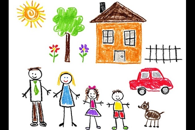 graphic illustration of a child's drawing of a family with a house car and dog