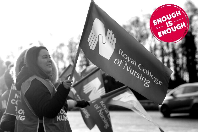 RCN members striking in Northern Ireland. Black and white image with red 'enough is enough' badge