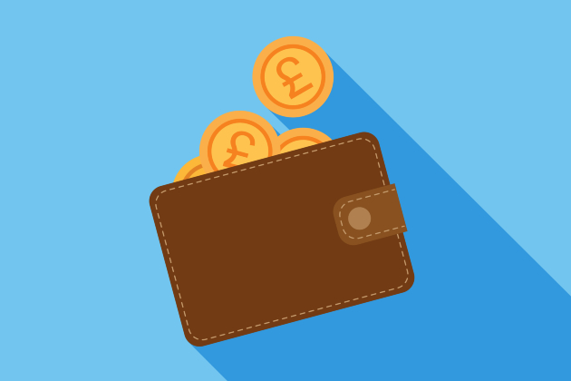 Illustration of brown wallet laid on blue background with pound coins spilling out of it