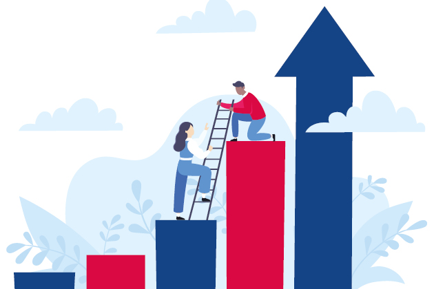 Graphic illustrating a person being helped up a ladder as they progress higher.