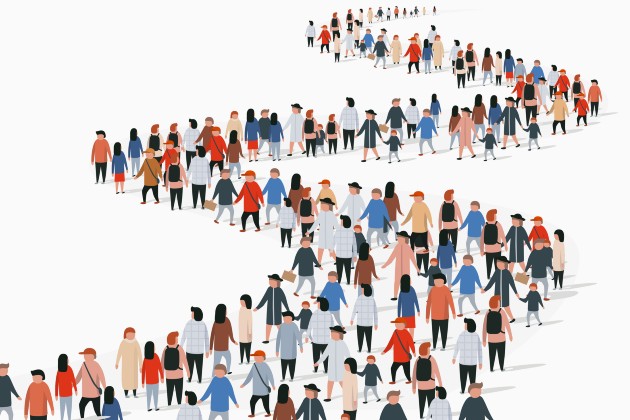 Illustration shows long and winding queue of people