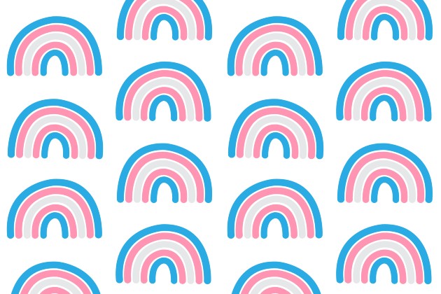 Illustration shows repeating pattern of rainbows in the colours of the trans pride flag (blue, white and pink)