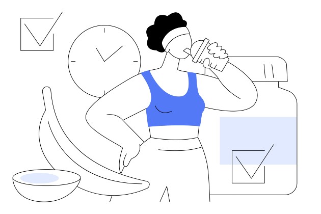Simple illustration shows figure of woman in sports gear drinking from water bottle. She is surrounded by line drawings of banana, egg, clock, medication and a tickbox