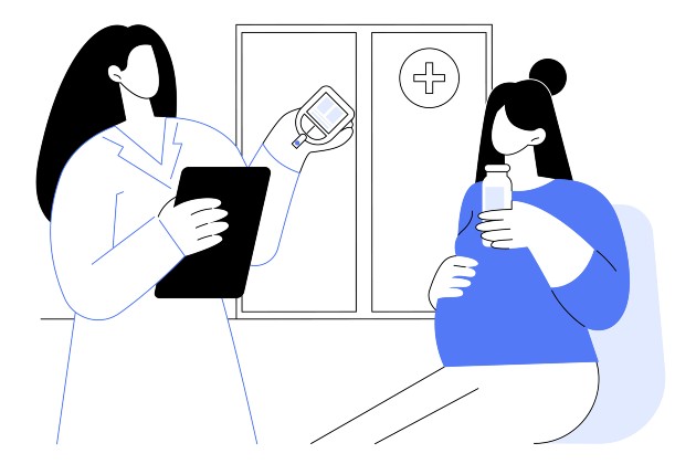 Simple illustration shows a nurse holding up blood sugar monitor, while a pregnant patient sits beside her