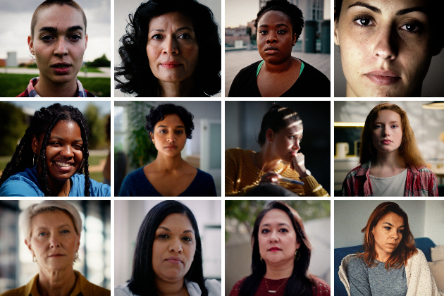 A collage shows images of 12 women taken from a film about PMOS, the condition formerly known as PCOS