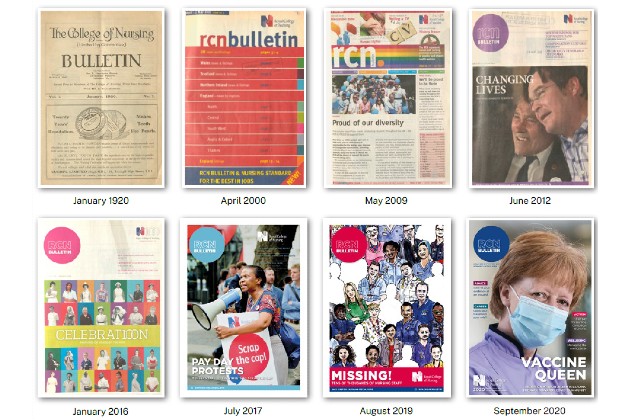 Image shows eight covers of RCN Bulletin magazine, spanning from 1920 to 2021