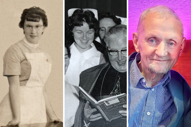 A composite image shows three pictures of nurses who left Ireland to work in the NHS. On the left, a sepia photo shows Josie, posing by a table in her nurses uniform. In the central picture, a black and white picture shows Noreen smiling among a group of nurses as a priest reads from a book. The right-hand picture is in colour and shows John. He is smiling and wearing a blue shirt and jacket, while seated in front of a pink wall.