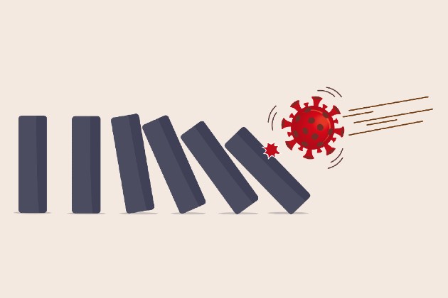 Illustration shows covid virus illustration hitting the first in a row of dominoes causing knock-on effect