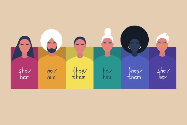 Illustration shows line of people wearing rainbow-coloured clothes each labelled with their gender pronouns: 'she/her', 'he/him', 'they/them'