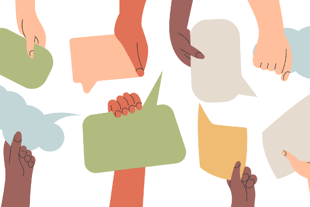 Illustration shows different hands holding speech bubbles