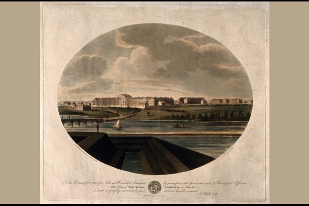 Etching of Royal Haslar naval hospital near Portsmouth c.1799