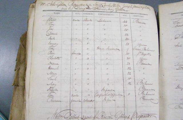 Photo of a Bermuda slavery register from 1821, showing details of enslaved people