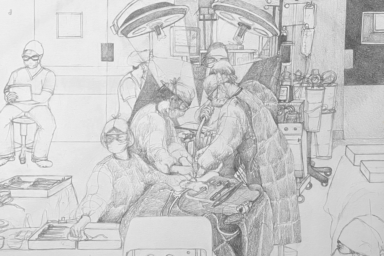 A sketch in dark pencil shows a surgical theatre. A group of four or five figures in the centre work on a patient, while another turns towards the front, passing instruments. Two lights are seen above them. Two other medical staff are seen in the bottom right and top left.