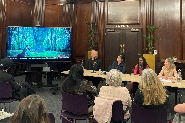 Panagiotis, Ji Sun, Heather and Kate (left to right) discuss the exhibition at a panel at HQ in November 2025, with ‘LDN WMN’ Mary Seacole 2 onscreen