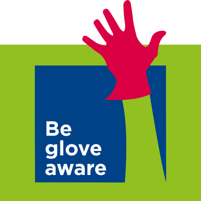 Logo for RCN Glove Awareness Week - the words Be glove aware next to a hand with a pink glove on it