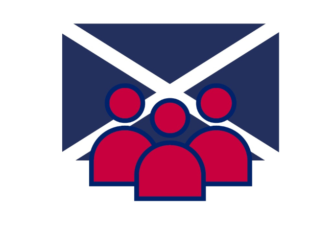 Graphic with group of figures stood in front of the Scottish flag