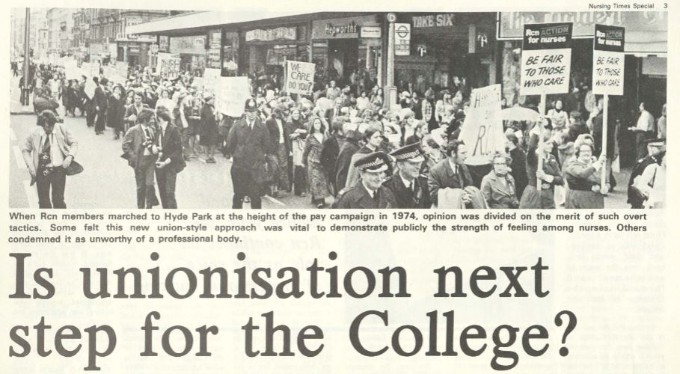 Headline from Nursing Times on 7 April 1976 asks whether RCN will become a union