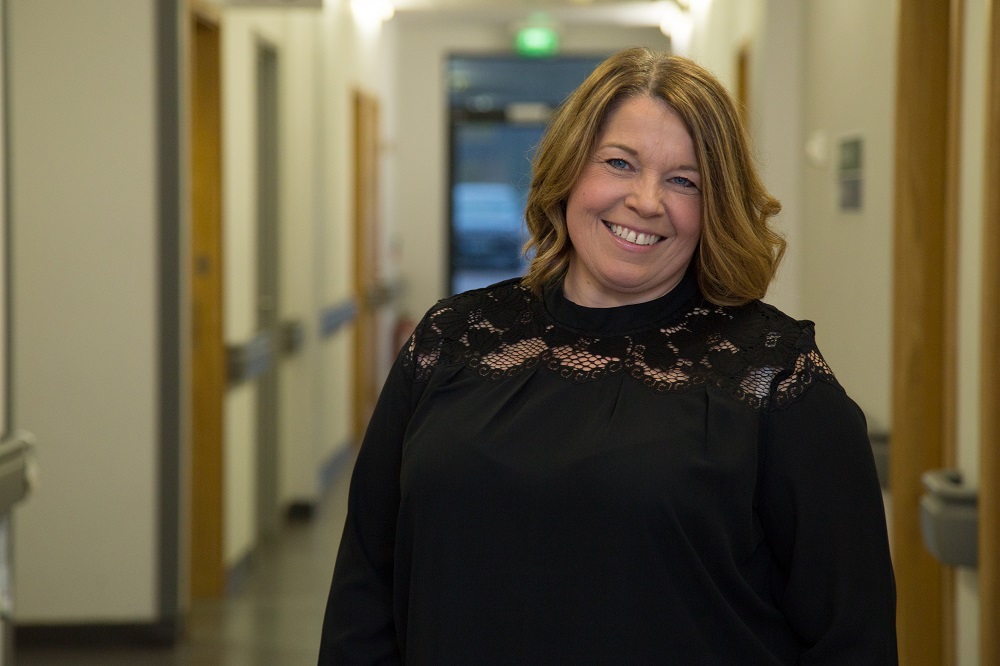 Louise Walby in hospital corridor