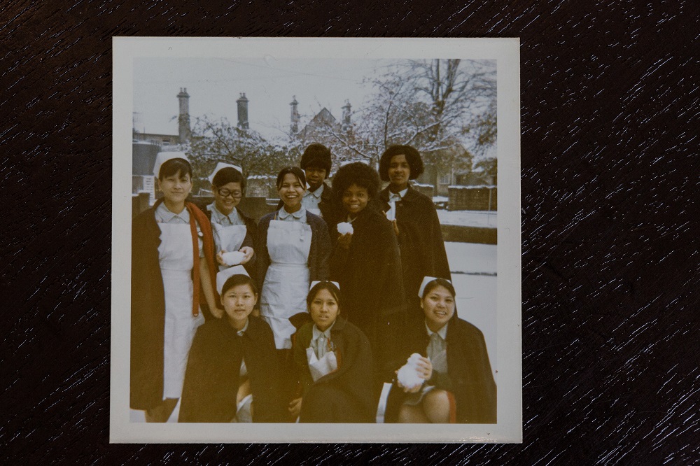 Nurses in the snow in the 1970s