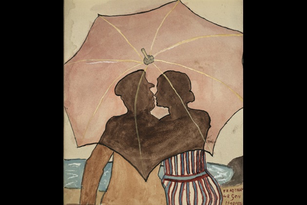 Drawing of soldier kissing a lady behind umbrella