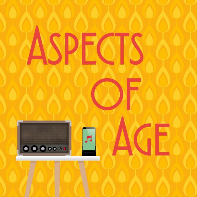 Red letters set against a 1960s-style wallpaper spell out 'Aspects of Age'. On the bottom-left, an old radio and a smartphone sit next to each other on a small table.