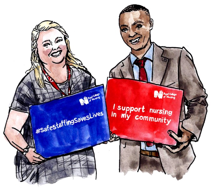 Illustration of member with her MP holding safe staffing placards