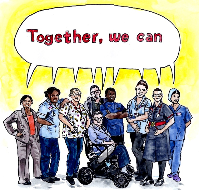 Illustration of a group of nursing staff with a speech bubble above reading 'Together we can'