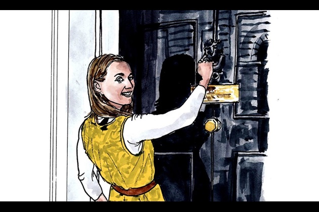 Illustration of Amy Fancourt knocking on 10 Downing Street
