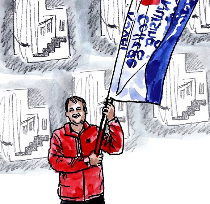 Illustration of RCN steward and safety rep Andy Notman holding an RCN flag