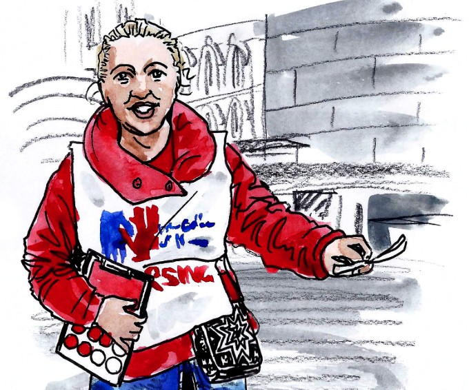 Illustration of Julie, Vice Chair of the RCN Scotland Board, handing out safe staffing leaflets
