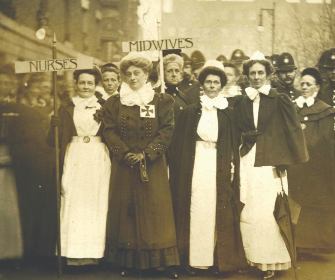 Ethel Gordon Fenwick (centre) marches alongside other nurses and midwives to the Royal Albert Hall, London, in 1909. (Image credit: Christina Broom/Museum of London)