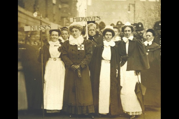 Ethel Gordon Fenwick (centre) marches alongside other nurses and midwives to the Royal Albert Hall, London, in 1909. (Image credit: Christina Broom/Museum of London)
