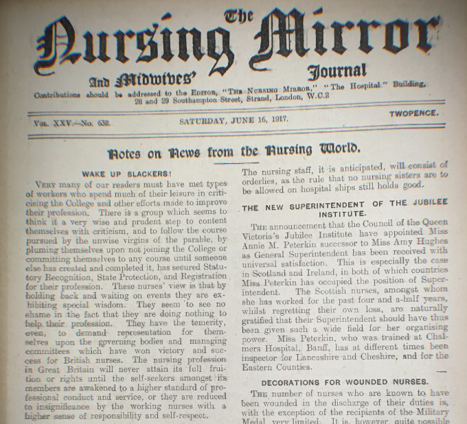 Nursing Mirror front page from 1917 calling nurses to 'Wake up, slackers!'