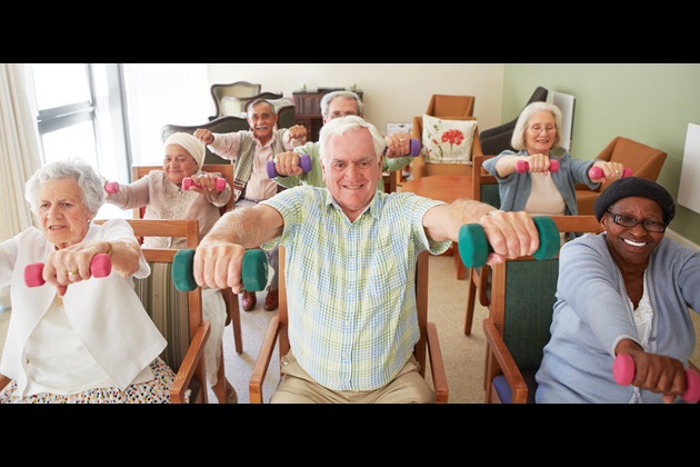 A group of older people do a seated exercise routine using weights