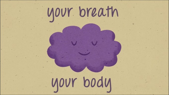 A peaceful purple cloud closes its eyes. Text reads: "Your breath, your body"