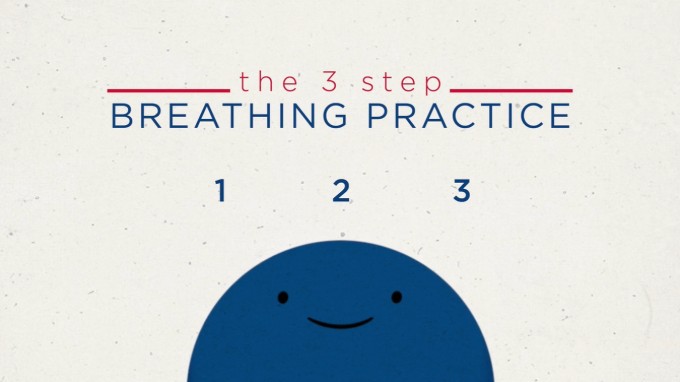 Still from mindfulness animation shows character starting 'the 3-step breathing practice'
