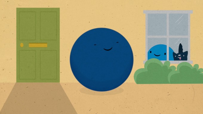 Still from mindfulness animation shows nurse character arriving home to happy child and dog