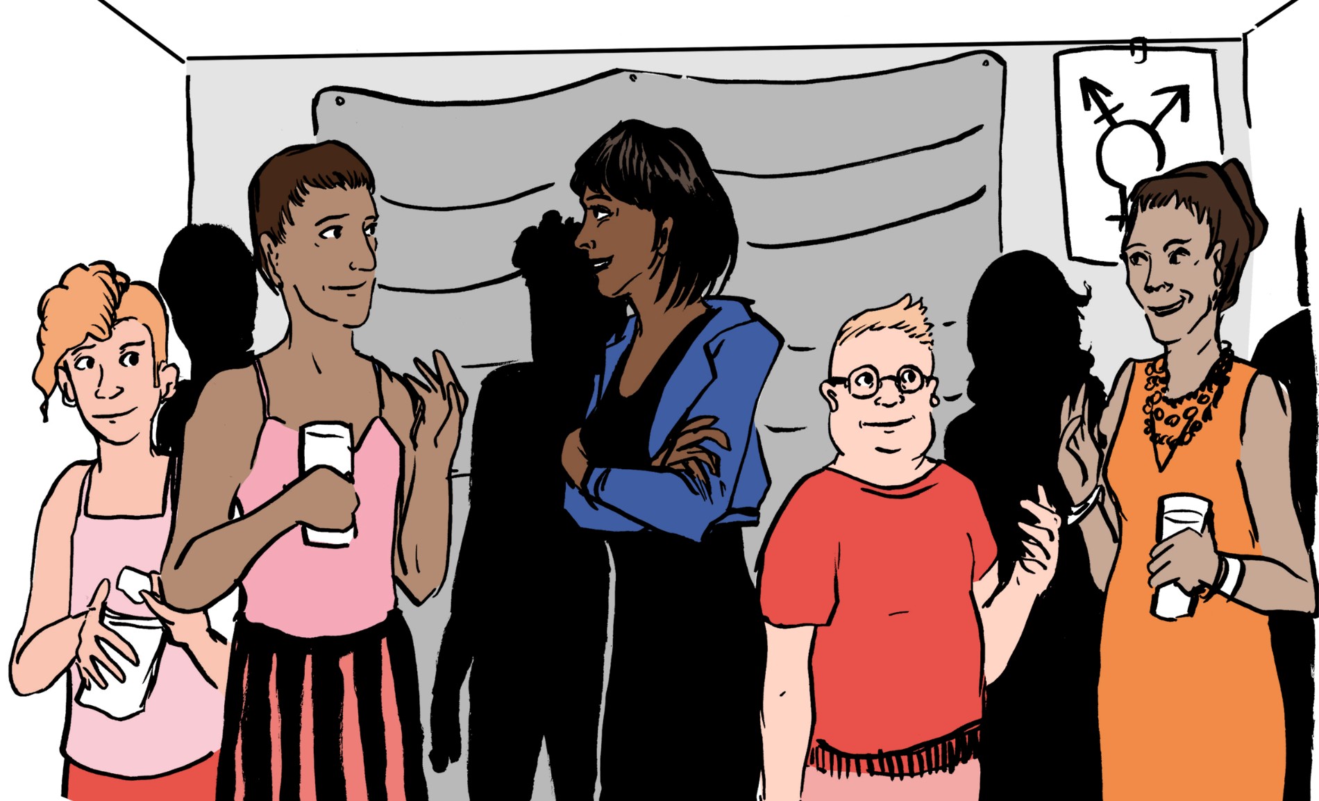 Illustration of trans and non-binary people at a social event, taken from the booklet Trans: an easy ready guide
