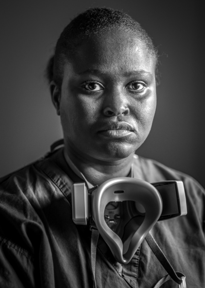 Black and white photo shows Cumba who worked in ICU during COVID-19 pandemic