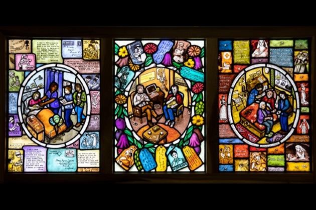 Triptych stained glass window depicting the role nurses play in birth, illness and death