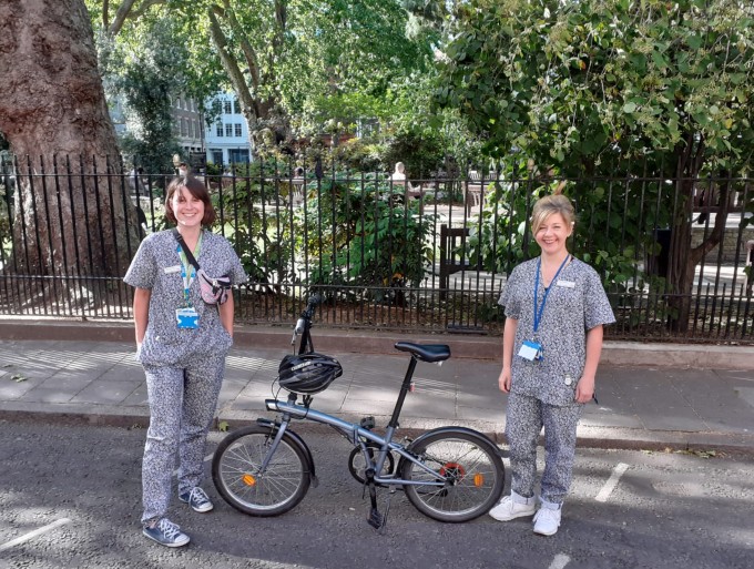 Nurses Rosa and Marie in matching scrubs working as part of Westminster Street Nurse