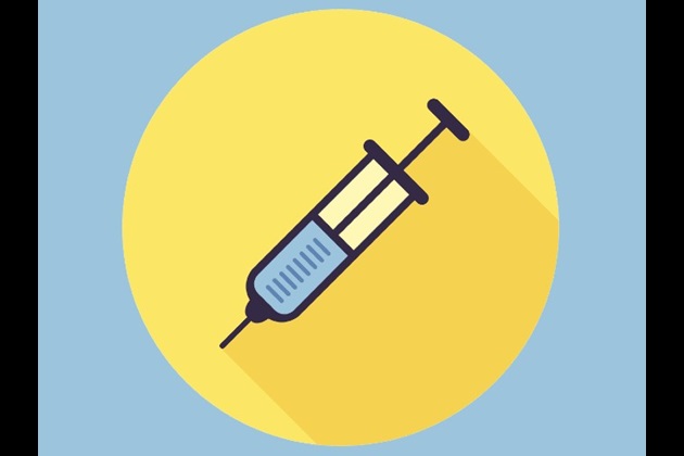 Illustration shows a syringe filled with blue liquid, representing a vaccine, on a yellow circle, against a blue background