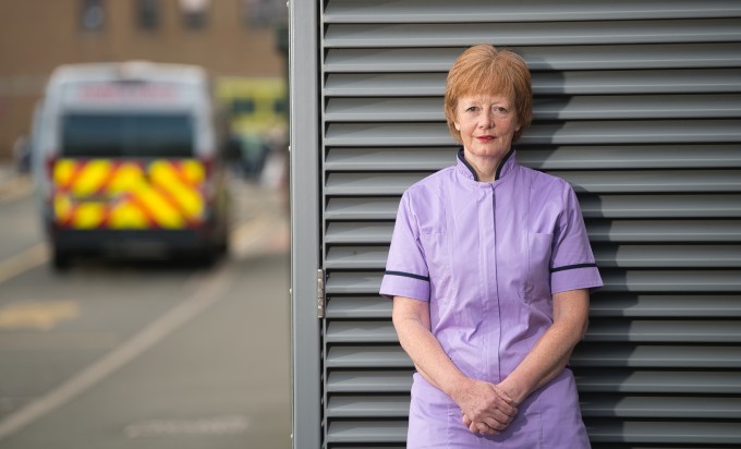 Research matron Aileen Burn stands outside the RVI Newcastle where she has been organising trials of a COVID-19 vaccine