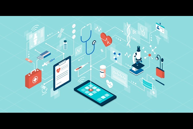 Illustration shows medical items including syringe, stethoscope, medications and X-ray connected by lines representing digital technology
