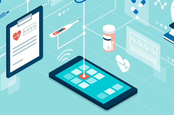 Illustration shows medical items including syringe, stethoscope, medications and X-ray connected by lines representing digital technology