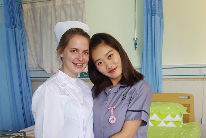 Emily on ward with Chinese nursing student