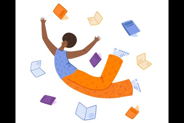 Colourful illustration of a woman floating in the air surrounded by books